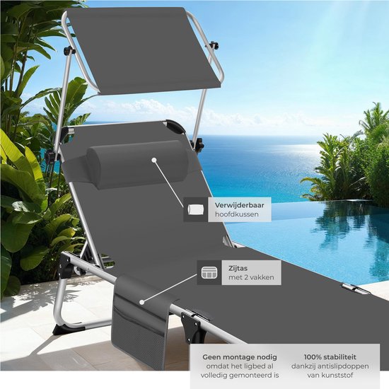 tectake® Ligbed Aurelie met zonneluifel en hoofdkussen - Ligstoel - Zonnebed - Opklapbare balkonligstoel van aluminium - Weerbestendige tuinligstoel voor tuin, balkon, camping en strand - Verstelbare rugleuning met kussen - Antraciet