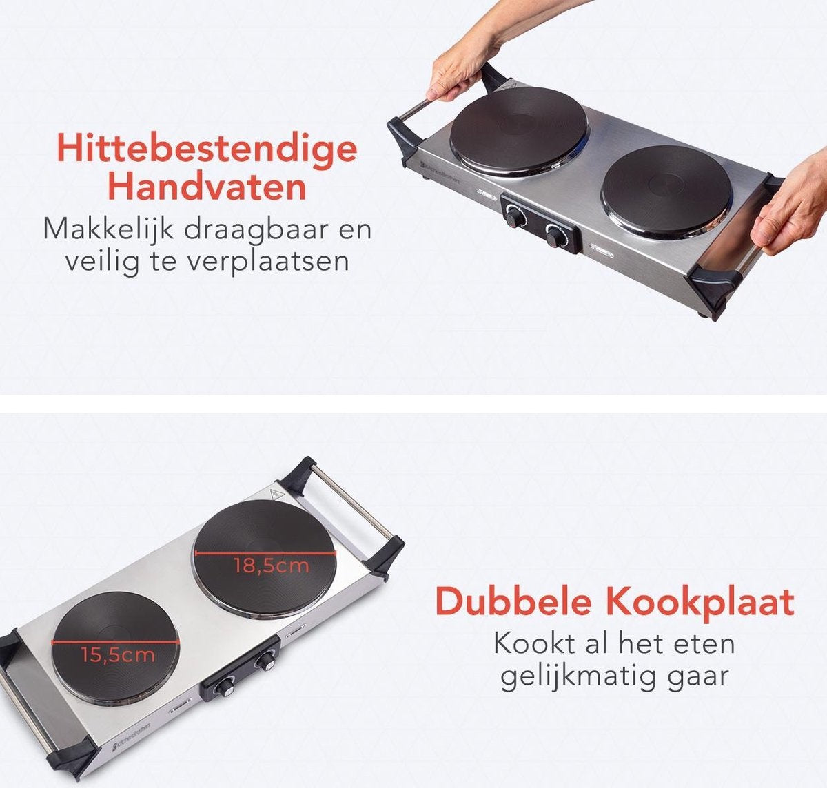 KitchenBrothers Elektrische Kookplaat - 2 Pits - 2500W - RVS