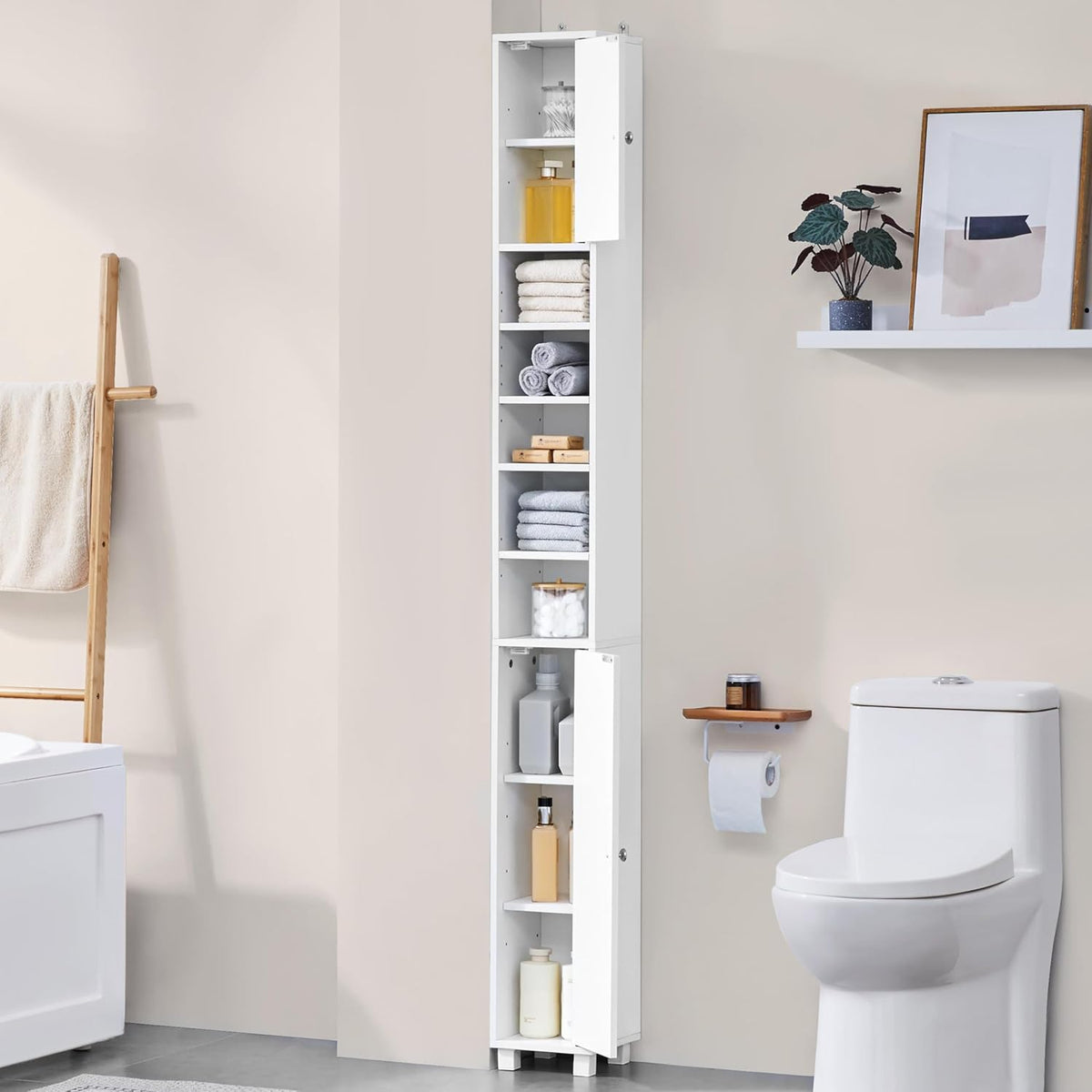 Yaheetech Badkamerkast Smal met 6 Verstelbare Legplanken 20 × 20 × 180,5 cm Wit