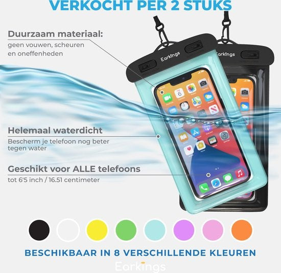Waterdichte telefoonhoesjes - Drybag Set van 2 stuks - Onderwater Hoesje Telefoon voor Alle Telefoons - Waterdicht telefoonhoesje Earkings - Zwart & Blauw