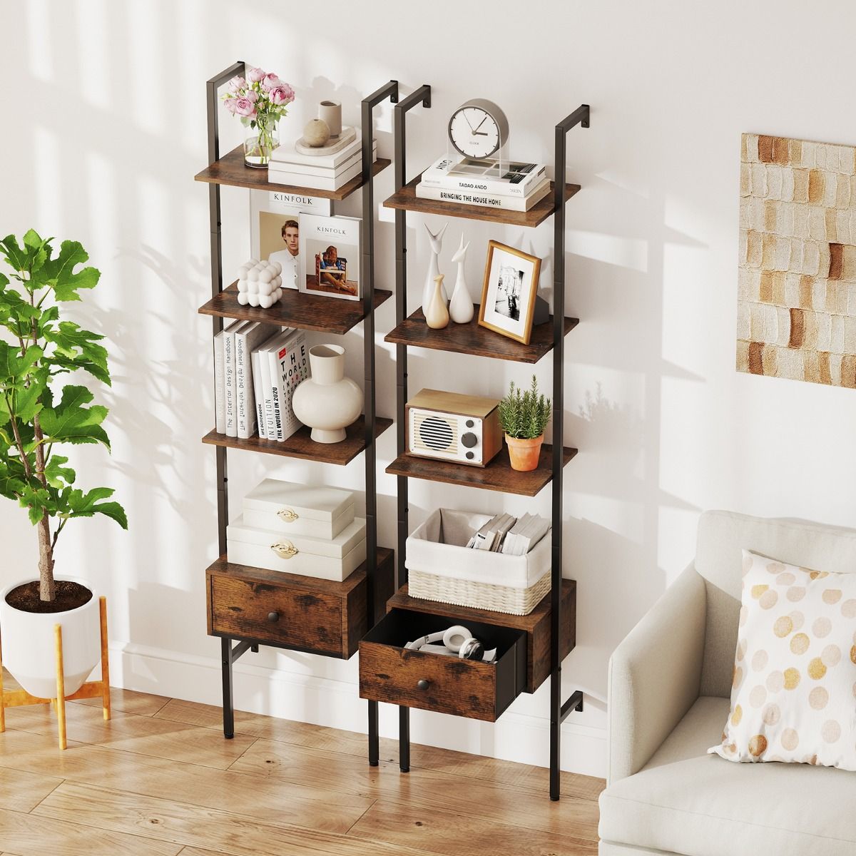 Coast Ladderboekenkast met lade - 5 lagen - metalen frame - rustiek bruin en zwart