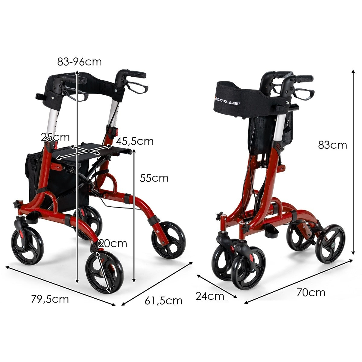 Coast 2 in 1 rolstoel en reiserollator met stoel- en tas en pitchhouder opvouwbaar en lichtrood