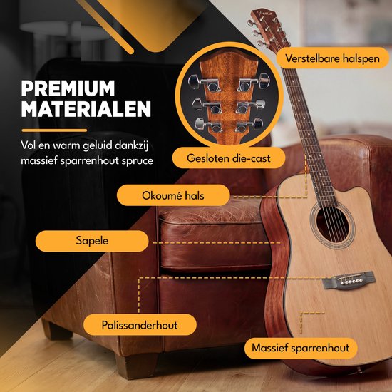 Finesse Premium Akoestische Gitaar - 4/4 41" - Massief Sparrenhout - Western Gitaar - Gitaar Kind & Volwassenen - Naturel