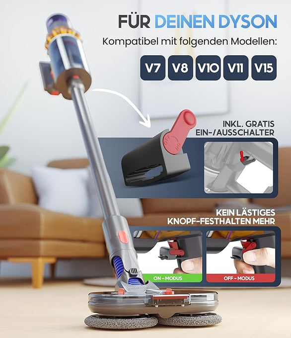 Heldenwerk Dweilopzetstuk voor Dyson V7/V8/V10/V11/V15 - Elektrische Vloerreiniger - 150 ml Watertank - 180° Draaibaar - Incl. 8 Dweilpads