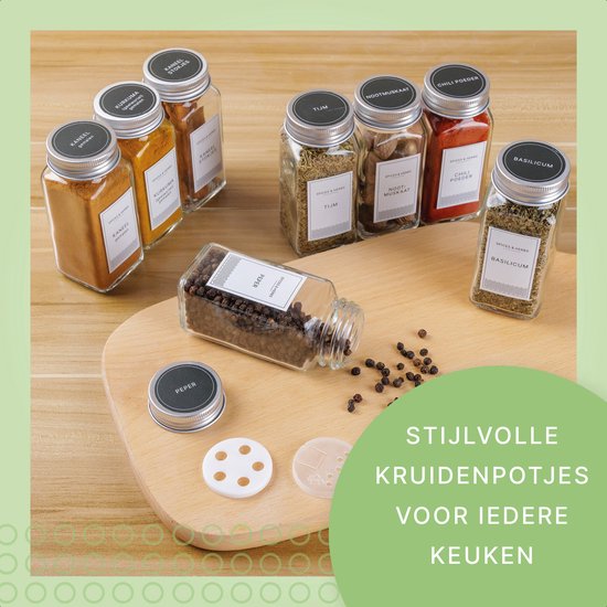 S.old - 36 Glazen Kruidenpotjes vierkant met Deksel - Kruidenstrooier - Complete set met Strooideksels, Voorbedrukte Stickers en Trechter - Inhoud 120 ml - 10,5 x 4,3 cm