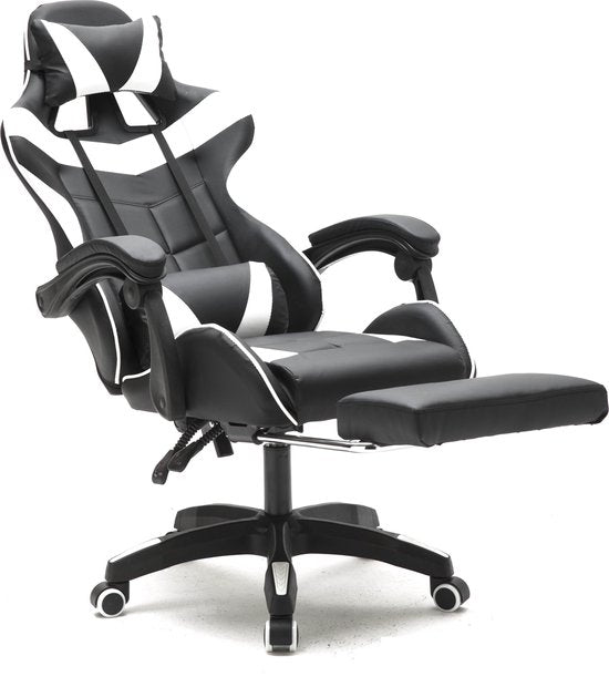 VDD Gamestoel - Uitschuifbaar - Max. 110kg - Incl. Nekkussen - 128 x 63 x 50cm - Zwart & Wit