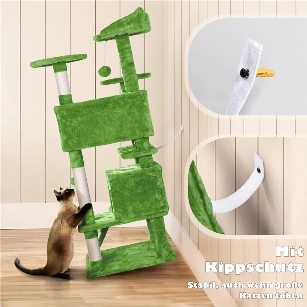 Yaheetech Krabpaal met 3 Ligplatforms en 2 Slaapgrotten - Groen - 49 x 49 x 139 cm