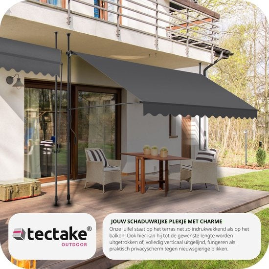 tectake - klemluifel - Zonnescherm – Zonneluifel - Verstelbaar - Klem-zonwering - Zonnescherm Balkon - 350 x 180 cm - zwartgrijs – zonwering - 404968