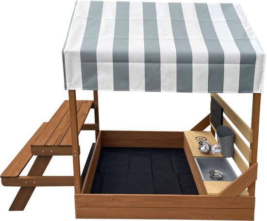 AXI Bo Zandbak & Speelhuisje 159 x 105 cm met Speelkeuken en Picknicktafel Bruin – FSC hout – Met Krijtbord en 6-delig Zandbak Accessoireset – Inclusief afdekzeil en gronddoek – 10 jaar garantie