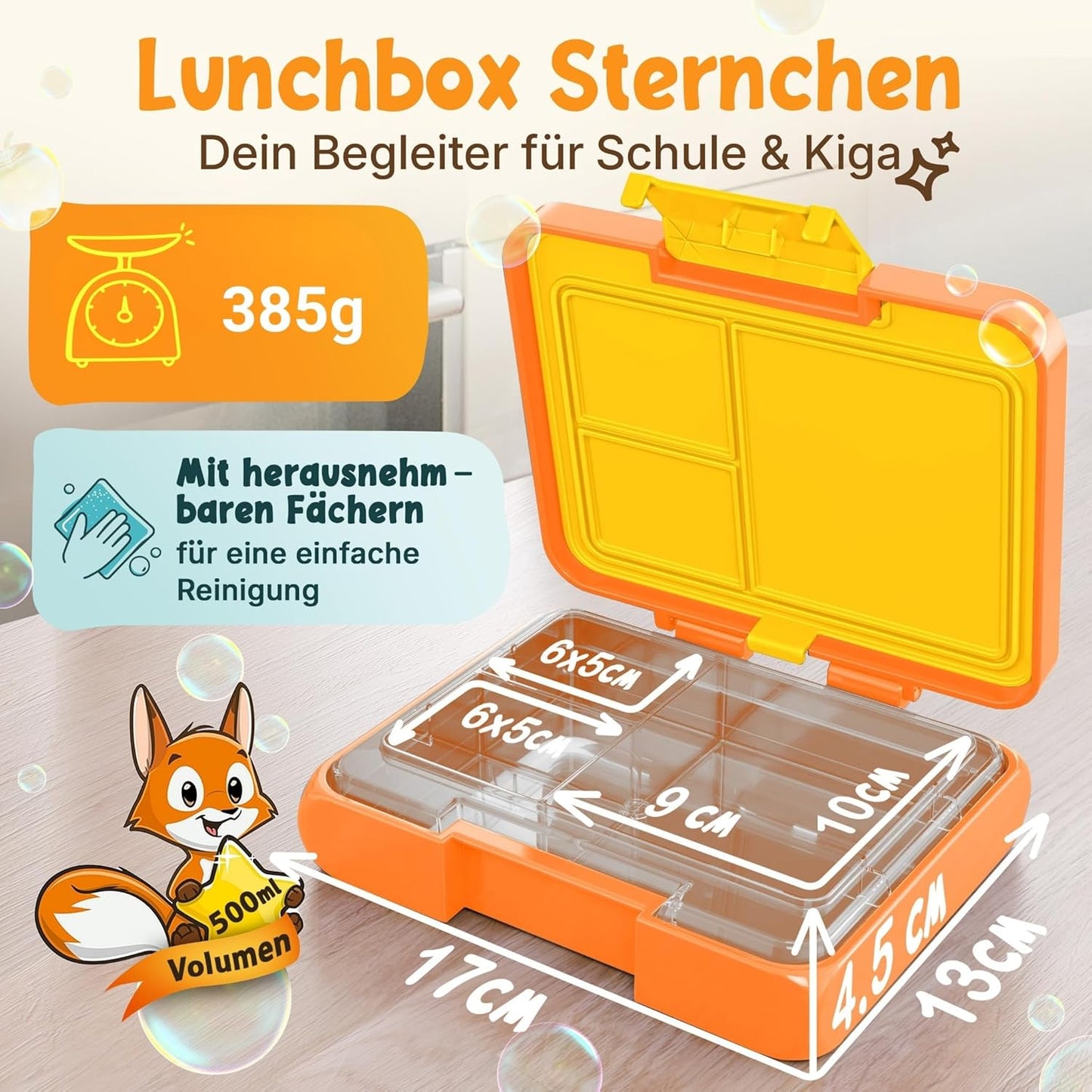 Funkelfuchs® - Lunchbox kinderen met vakjes - 500ml, oranje - Lunchbox ster, klein - Snackbox, snackbox, broodtrommel, maaltijdbox, bentobox kinderen - voor school, kleuterschool en kinderdagverblijf