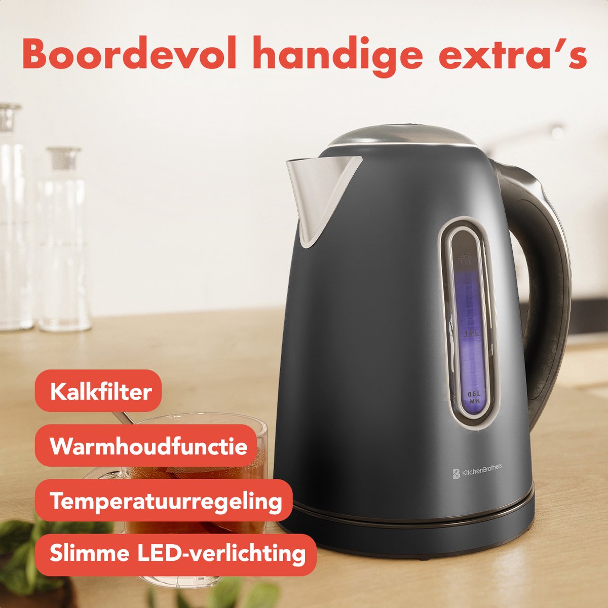 KitchenBrothers Waterkoker - Met Temperatuurregeling - Elektrisch - Met Kalkfilter - 1,7L - Zwart/RVS