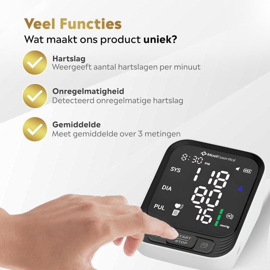MostEssential Premium Bloeddrukmeter Bovenarm - Hartslagmeter - 398 Metingen Geheugen - Inclusief USB-C Kabel - 30S