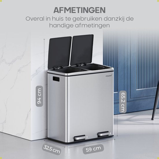 O'DADDY® Prullenbak - Afvalemmer – Duo Bin – 60 Liter – Soft-close – 58,6 x 32 x 65 cm – 2 Binnenemmers / Vakken - Afvalbak - Pedaalemmer 60L - Prullenmand - Vuilnisbak - Afvalscheiding Vuilbak – Inclusief 15 Afvalzakken – Elegant Zilver