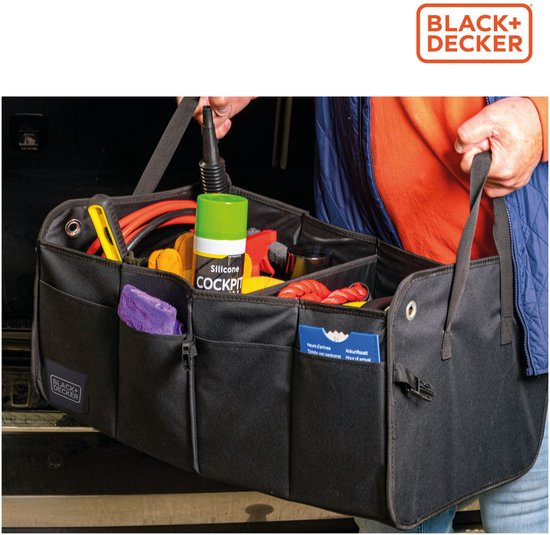BLACK+DECKER Kofferbak Opbergbox - 59 x 36 x 30 CM - 2 Vakken - Extra Zijvakken - Met Handvatten - Zwart