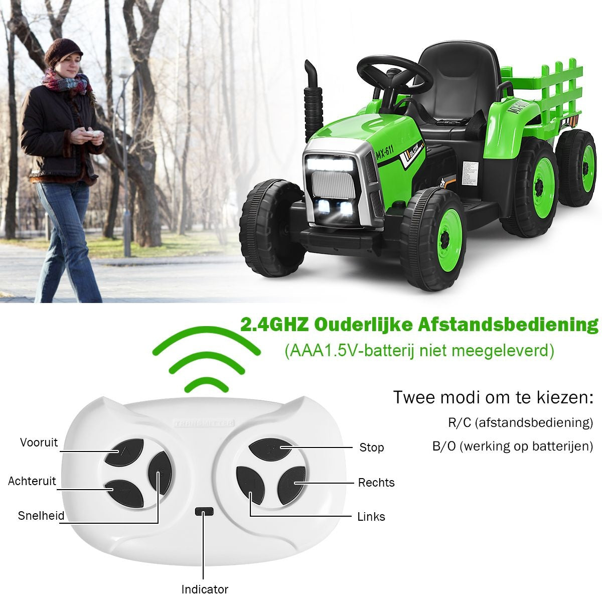 Coast Kindertractor met Aanhanger - 3 Versnellingen 12V - Groen