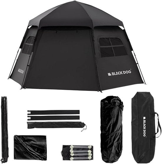 Black Dog Dome Tent - Hoogwaardige kampeertent voor 6-8 personen - Hexagonaal automatisch - Draagbare familietent - Opvouwbaar vinyl - Bescherming tegen zon en regen - Zwart