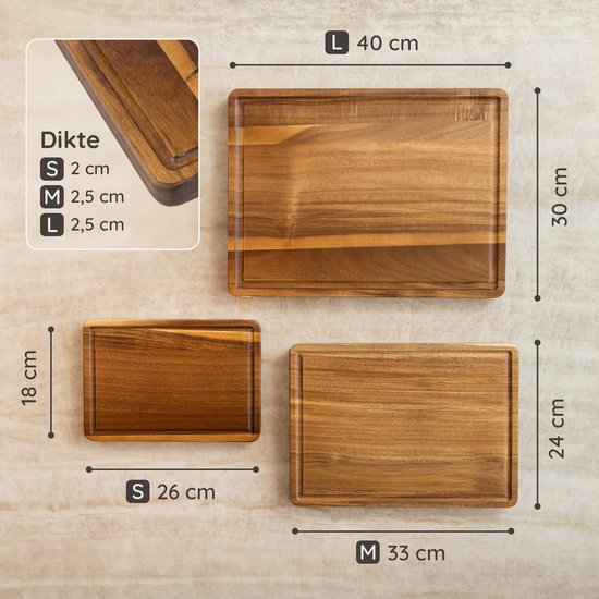 Deleca 3-delige Snijplankenset Sevilla met Houder - Snijplanken (40x30 | 33x24 | 26x18 cm) - Voor Keuken, Serveerplank, Kaasplank, Borrelplank, Snijplank en Tapasplank - FSC Acacia Hout