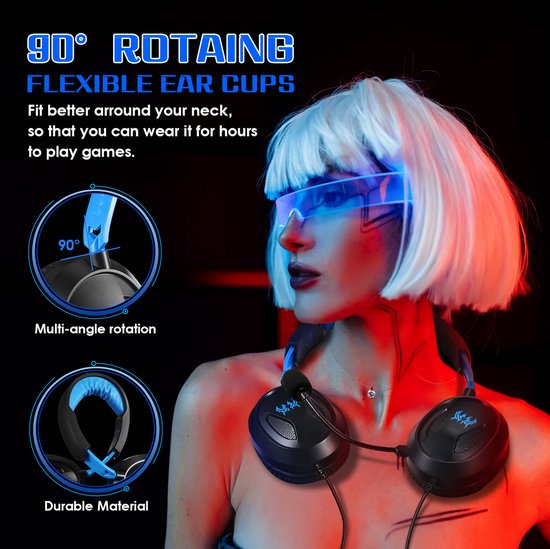 KOTION EACH G3100 Gaming Headset - Over-ear Koptelefoon met Microfoon - Geschikt voor Nintendo Switch,PS5, PS4, Xbox Series X|S, Xbox One, Mobile & PC - Zwart blauw