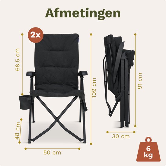 TRVLMORE Campingstoelen Luxe - Opvouwbaar - 2-Pack - 150KG Draagvermogen - Incl. Draagtas - Klapstoel - Kampeerstoel - Vouwstoel - Zwart