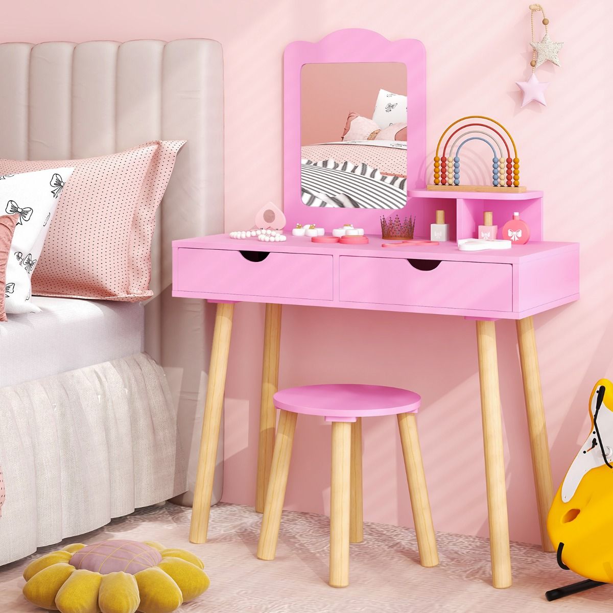 Coast Kaptafel voor kinderen - 2-in-1 met afneembare spiegel - twee lades en houten krukje - roze