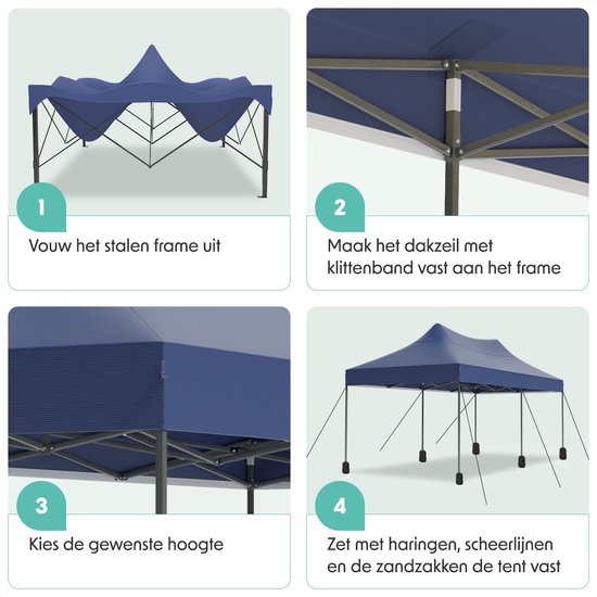 LifeGoods Partytent - Paviljoen - Easy Up - Opvouwbaar - Waterdicht - Met Draagtas - 300 x 600 cm - Donkerblauw
