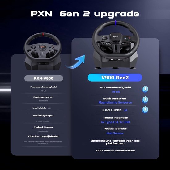 PXN - V900 Gen 2 - Race Stuur - Met Pedalen & Flippers - 270 / 900° - Game Stuur - Geschikt voor PS4 - PC - PS3 - Switch - Xbox X/S Series