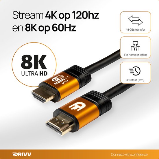 Drivv. Premium HDMI Kabel 2.1 - Ultra HD High Speed 8K - HDMI naar HDMI - Geschikt voor Xbox Series X & PS5 - 3 meter - Oranje