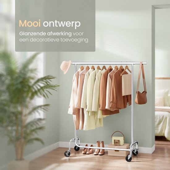 O'DADDY® Kledingrek op Wieltjes  - Verstelbare & Uitschuifbare kledingstang - Verstelbare Hangstang - Stabiel tot 130 kg - Zilver