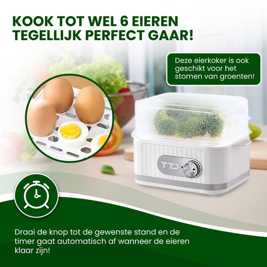 TTD® Smart Eierkoker Elektrisch met Timer - Geschikt voor 1 tot 6 Eieren - Hardgekookt, Zachtgekookt of Halfzacht - Eierwekker - Eierkoker Electrisch - Inclusief Eierprikker en Maatbeker