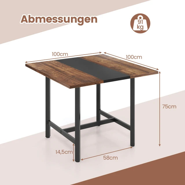 Coast Vergadertafel Rustiek Bruin/Zwart – Vierkante Conferentietafel met Metalen Frame – 100 x 100 x 75 cm