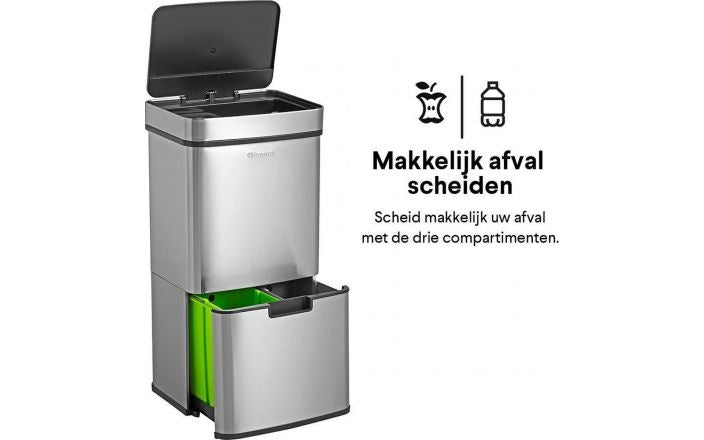 Homra Nexo Sensor Prullenbak – 72L Afvalscheiding (2x12L + 48L) – RVS – Automatisch Openend  – 31.5 x 42 x 82.5 cm -grijs