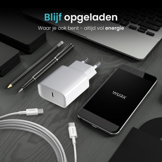 Wurk Snellader Geschikt voor Apple iPhone, iPad & Airpods - 20W Oplader - 1 Meter USB C naar Lightning Kabel - Lader Geschikt voor 14/13/12/11/Xr/Xs/Xs Max/8/8 Plus/ Pro