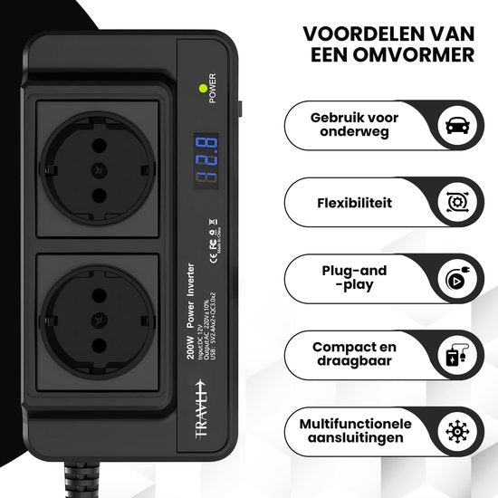 Travli Omvormer 12v 230v - Autolader - Draagbare omvormer - 2x 230V stopcontact – 4x 5V usb oplaadpoorten