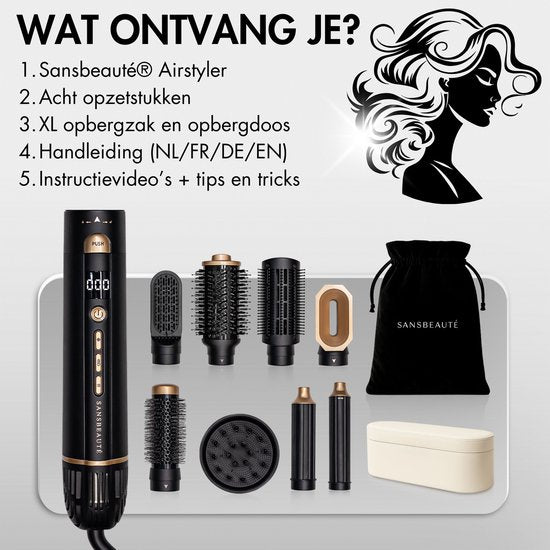 Sansbeauté® 8-in-1 Airstyler met Diffuser en Opbergdoos - Multistyler - Fohnborstel Kort Haar - Föhnborstel - Haarstyler - Haardroger - Warmteborstel - Krulborstel - Krultang - Stijlborstel - Roterende Kabel