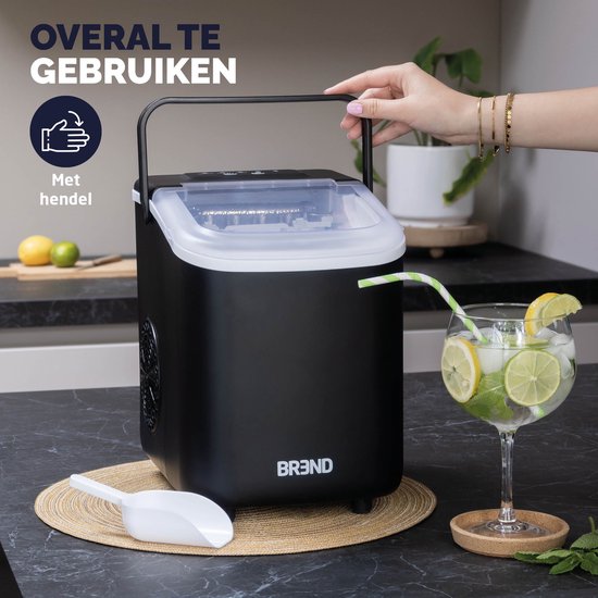 BREND BR-2213 IJsblokjesmachine met Schep en Lekbak - Grote L of Kleine S Ijsklontjes - Draagbare IJsblokjesmaker – 10 kg in 24 uur - Zwart