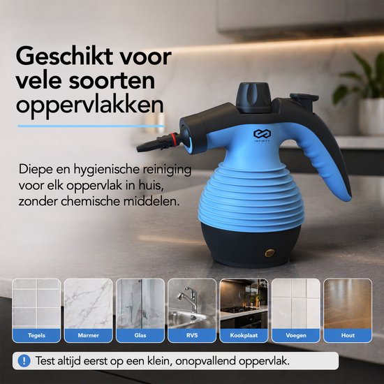 Infinity Goods Stoomreiniger - 12-in-1 Handstoomreiniger - Handstomer - Vlekkenreiniger - Tapijtreiniger - 10 Opzetstukken - 1050 Watt - 3.2 Bar - Blauw
