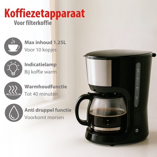 alpina Koffiezetapparaat Filterkoffie 750 W - Koffiemachine met Herbruikbare Koffiezet Filter - Koffiemachine met 1,25 L Glazen Kan - 10 Kopjes Koffie per Keer - Anti-Druppel Koffiemaker