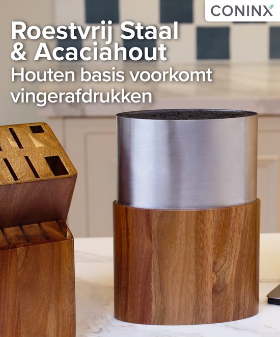 Coninx Saporo Messenblok - Houten RVS Messenhouder Universeel - Messenstandaard Zonder Messen - Keukenmeshouder Acacia Hout