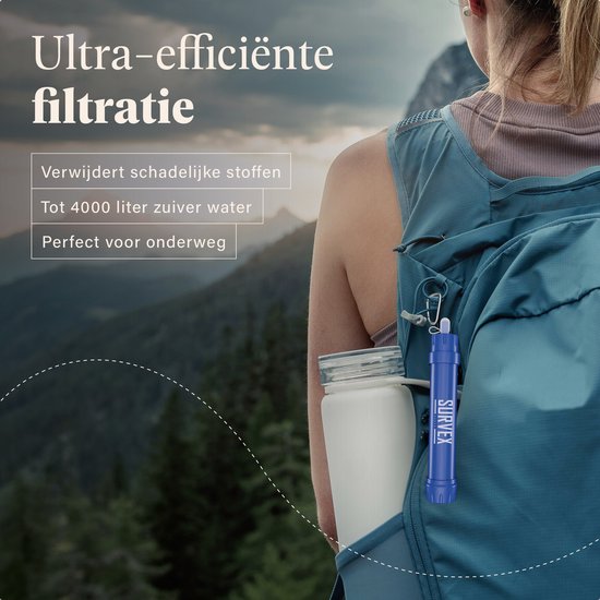 SURVEX Personal Water Filter Straw XL 4000L – Uniek KDF-55 filter – Waterfilter Survival & Outdoor – BPA-vrij – Noodpakket voor Thuis – Complete Set Waterzuiveringsapparaat – Drinkfles Waterzuivering Outdoor – Overlevingspakket – Blauw