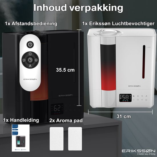 Erikssøn Luchtbevochtiger Elite - 8 Liter - Geschikt voor Woonkamer, Kantoor, Slaapkamer, Babykamer - Humidifier - Met Aromatherapie - Wit