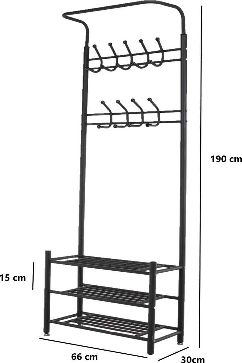 O'DADDY® kapstok staand – kapstokken - kapstok met schoenenrek – kapstok zwart - garderoberek - garderoberek met kapstok - garderoberek met schoenenrek- garderoberek metaal - 66 x 30 x 190 cm - zwart
