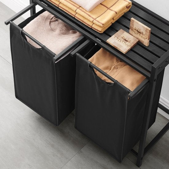 O'DADDY® Wasmand - 2 vakken – Uitschuifbare Wassorteerder Met Plank - 73 x 33 x 72 cm - Dark Grey