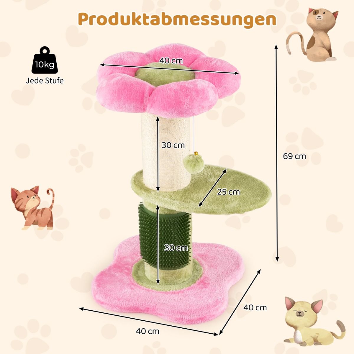 Coast Krabpaal voor katten - 3 verdiepingen - met pluche ligplek en bloemenplatforms - roze - 69 cm