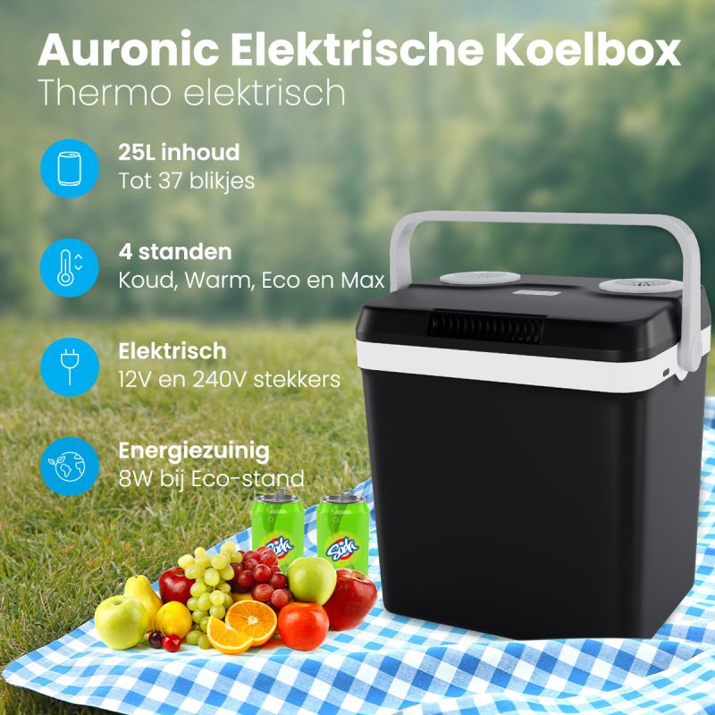 Auronic Elektrische Koelbox 25 Liter - Koelen en Verwarmen tot 65 °C - 12 V en 240 V - 44 x 32 x 44,7 cm - Zwart
