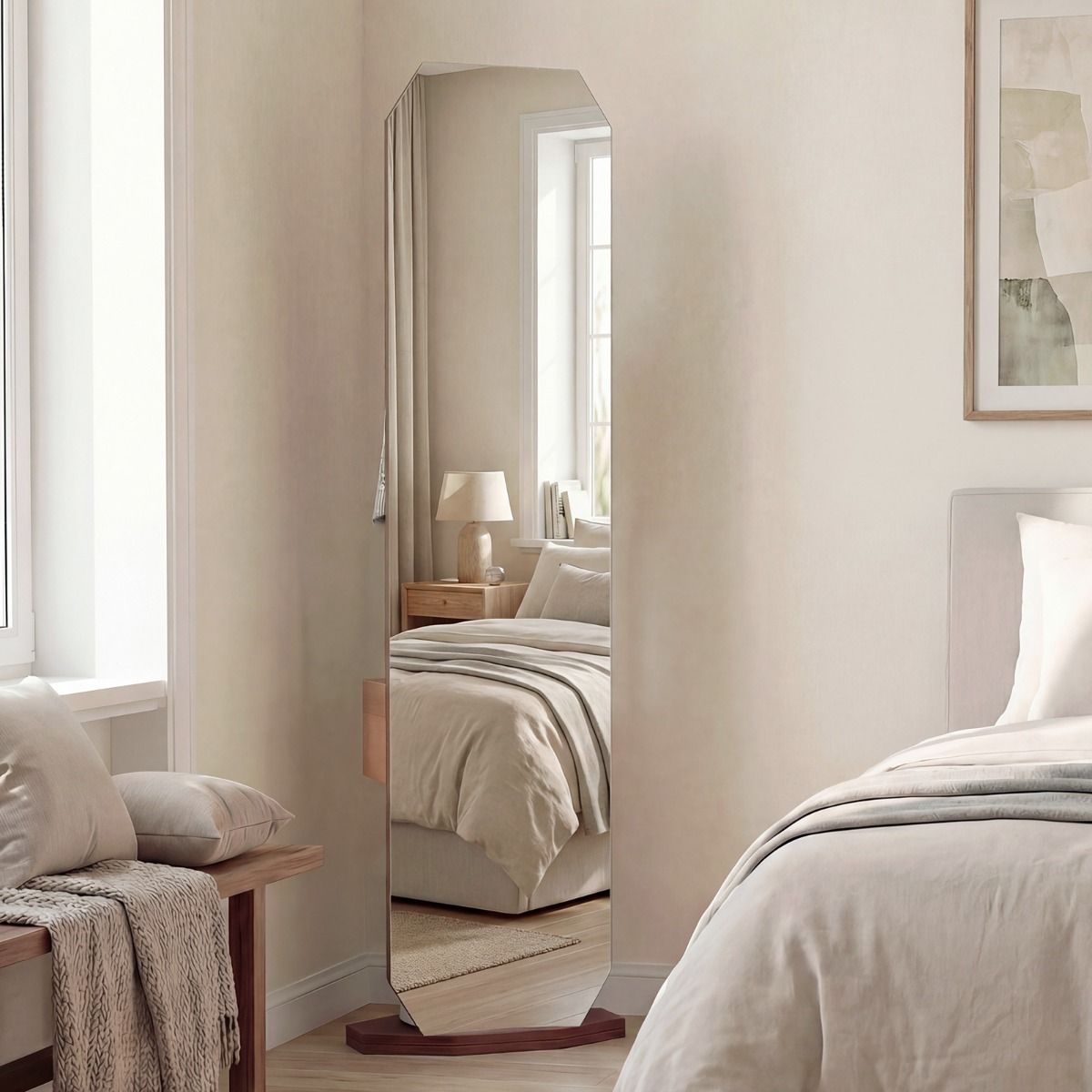 Coast Volledige Lichaamsspiegel met Standaard - 3-in-1 Garderobe - 360° Draaibaar - Walnoot
