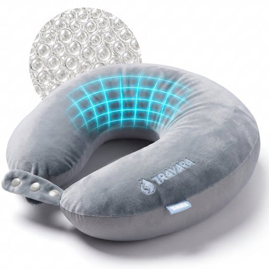 TRAVARA Nekkussen The Snuggo - Microbeads Reiskussen Voor Vliegtuig - Auto Kussen - Travel Pillow - Licht Grijs