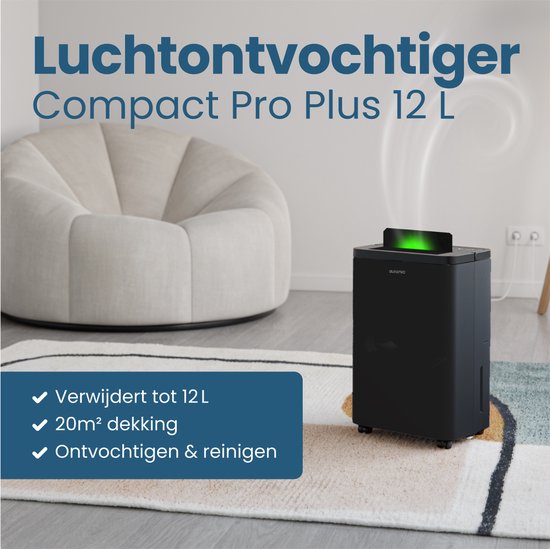 Auronic Luchtontvochtiger en Luchtreiniger - Compact Pro Plus - 12L - Slaapkamer, Badkamer, Woonkamer en Kantoor - Vochtopnemer voor in Huis - Zwart