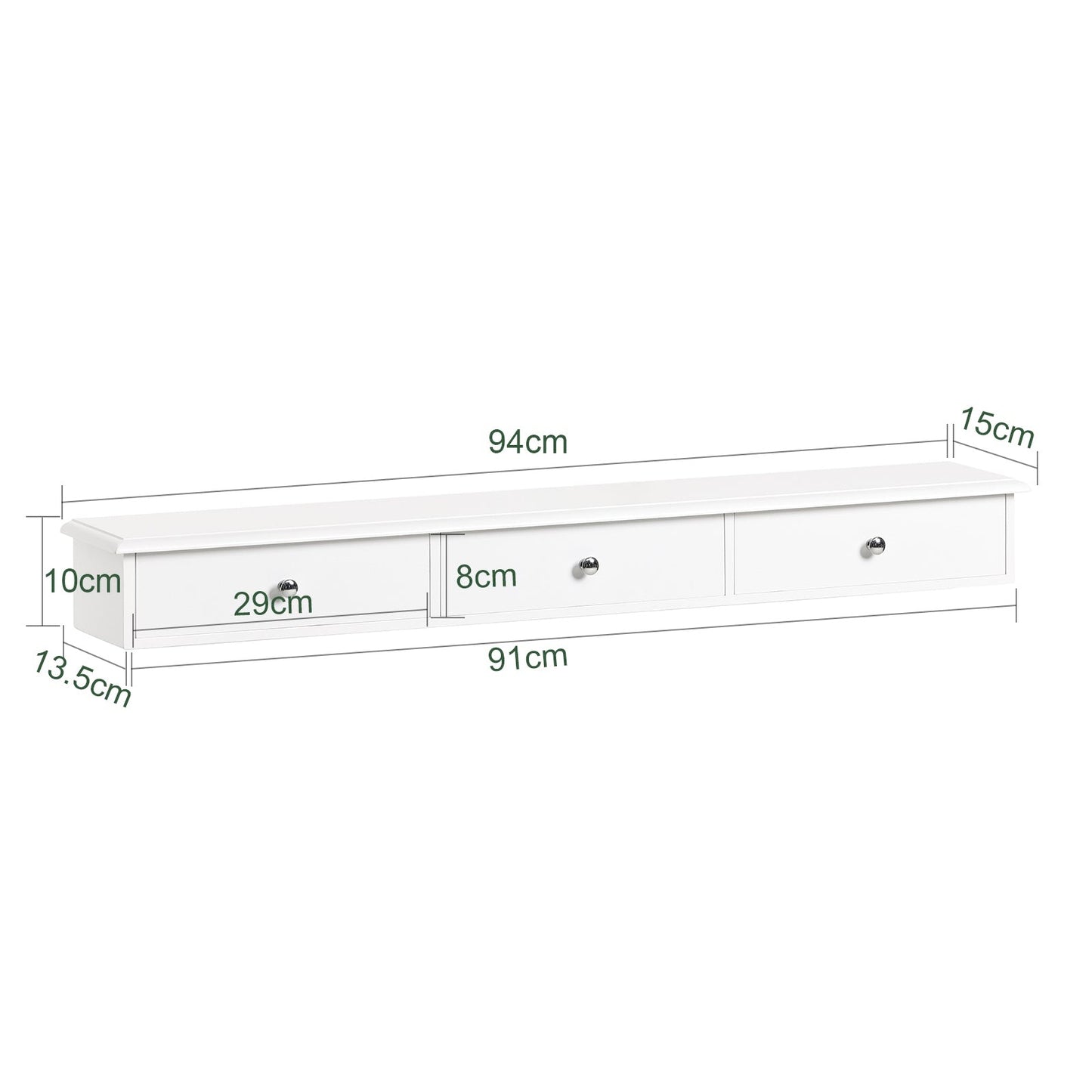 SoBuy Wandplank Met 3 Lades – 91 x 15 x 10 cm – MDF Wit – Modern & Functioneel – Max. 10 kg