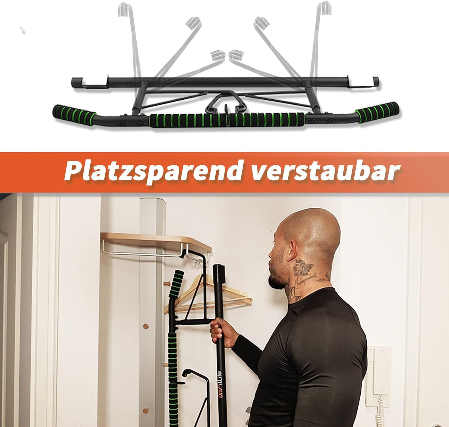 DH FitLife Optrekstang voor Deur - Schroefloze Pull-Up Bar met Slingtrainer - Zwart/Groen - 70-92 cm
