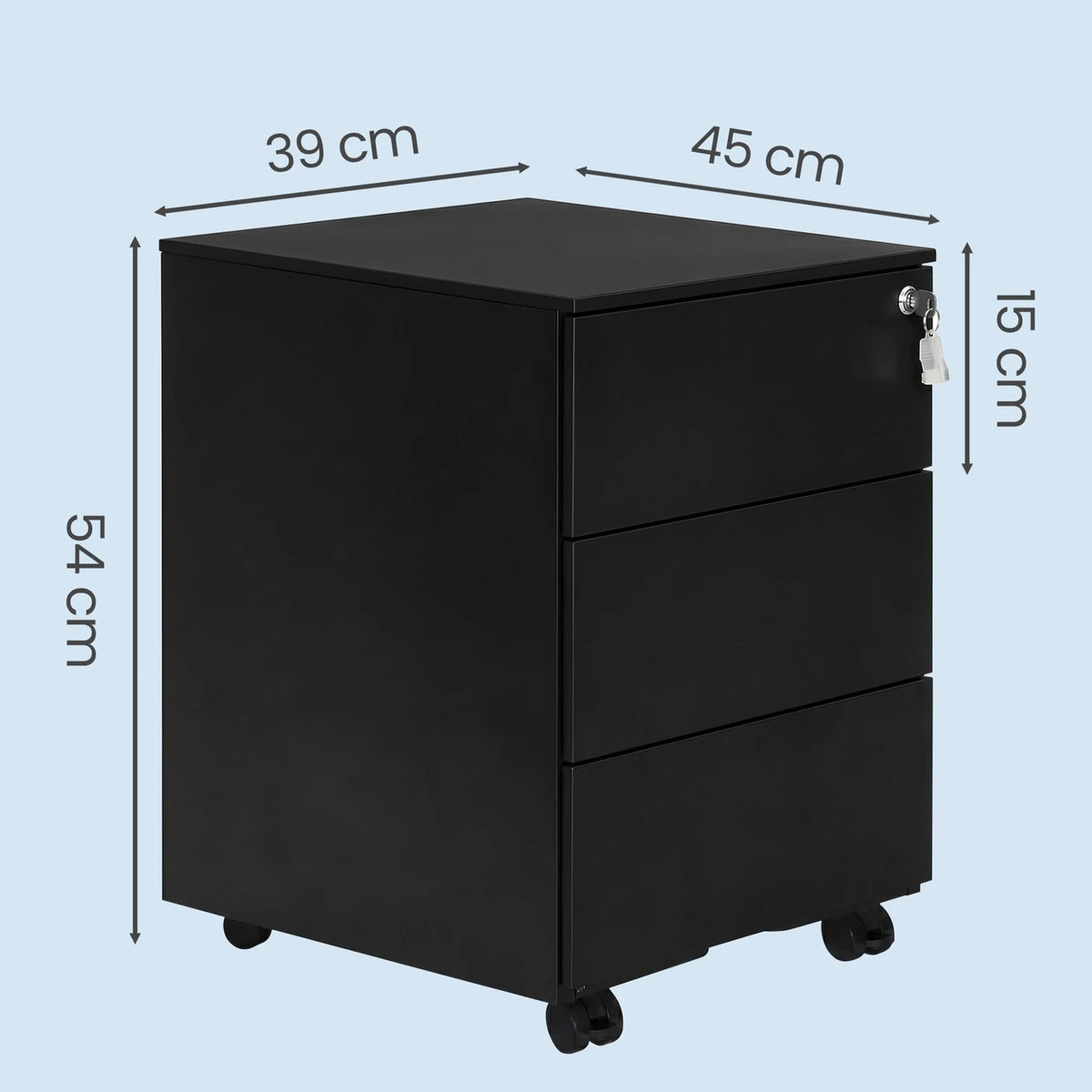 Ochama Matte Black Lockable Mobile File Cabinet – 3 Drawers, Pre-Assembled, Holds Documents & Stationery, 39 x 45.1 x 53.8 cm – Compact Storage for Office or Home Office